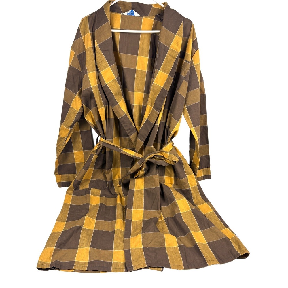 VTG‎ 60s Montgomery Ward Brent Robe Mens XL Chocolate Brown Gold Plaid Belted